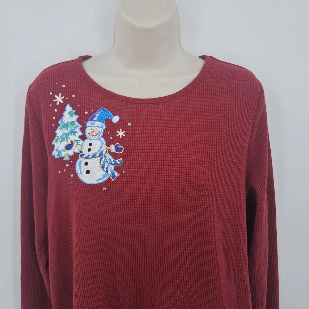 Quacker Factory Shirt Womens 1X Red Thermal Waffle Knit Snowman Christmas Winter